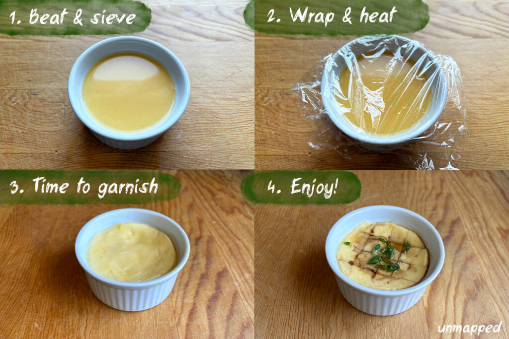 instructional infographic with 4 images on how to make a steamed egg tutorial and 4 easy steps