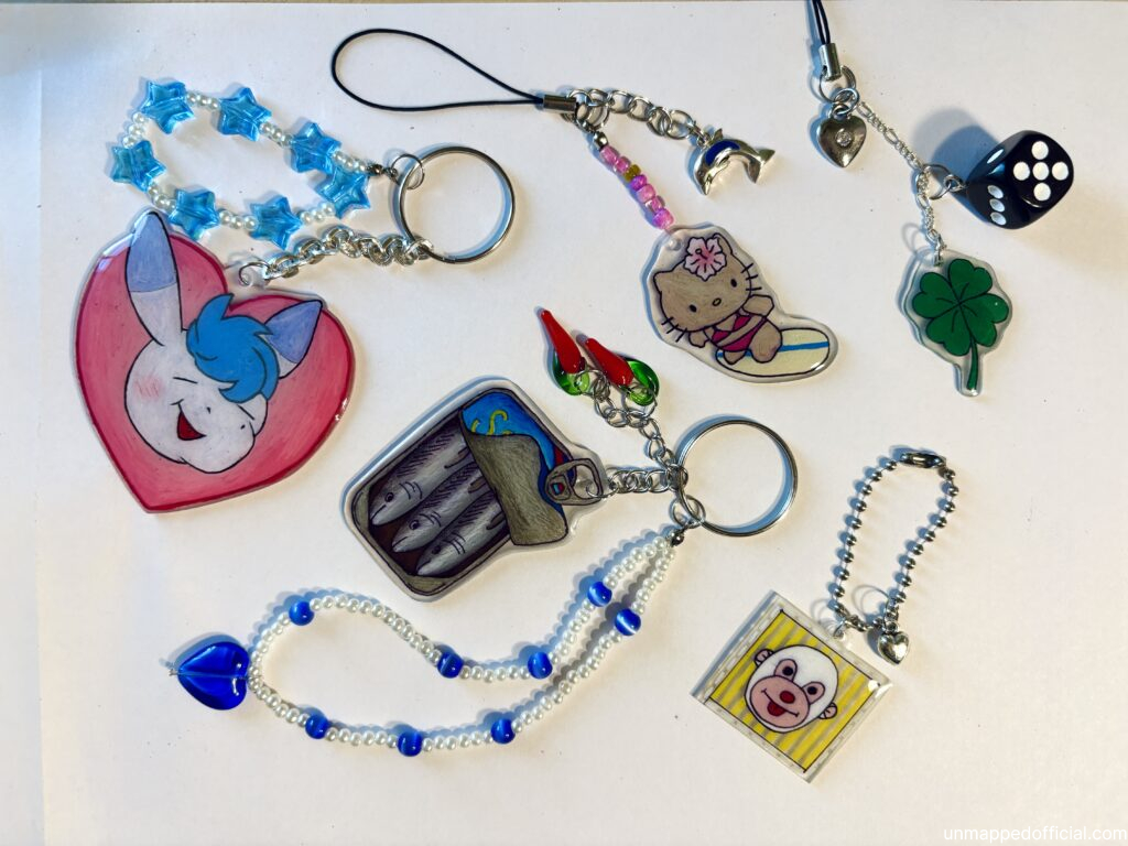 keychains made from shrinky dink plastic and beads
