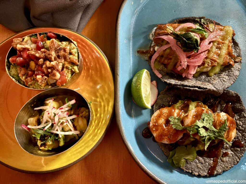 tacos, guac, and ceviche from puesto during restaurant week