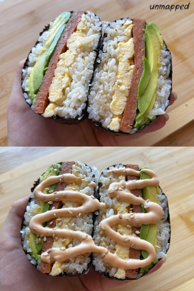 2 image collage of finished onigirazu. one plain cross section and one cross section with spicy mayo and sesame garnish