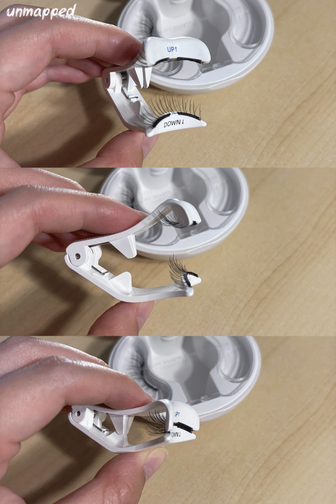 3 image collage showing different angles of the lashes on the applicator