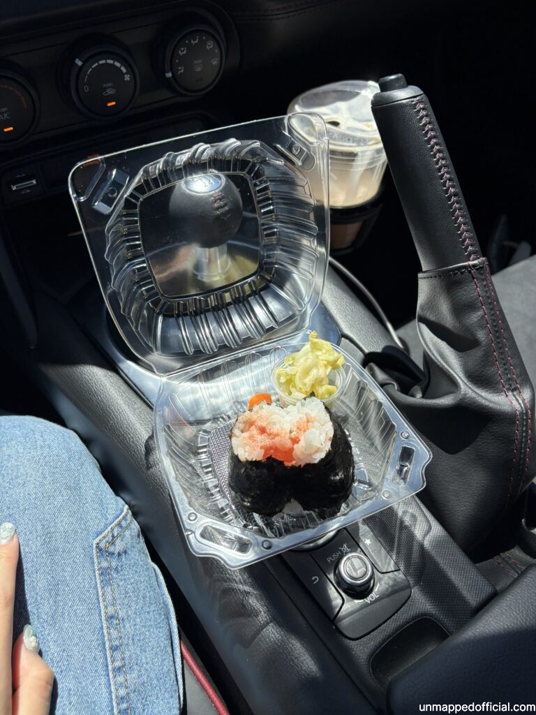 half eaten onigiri in the car